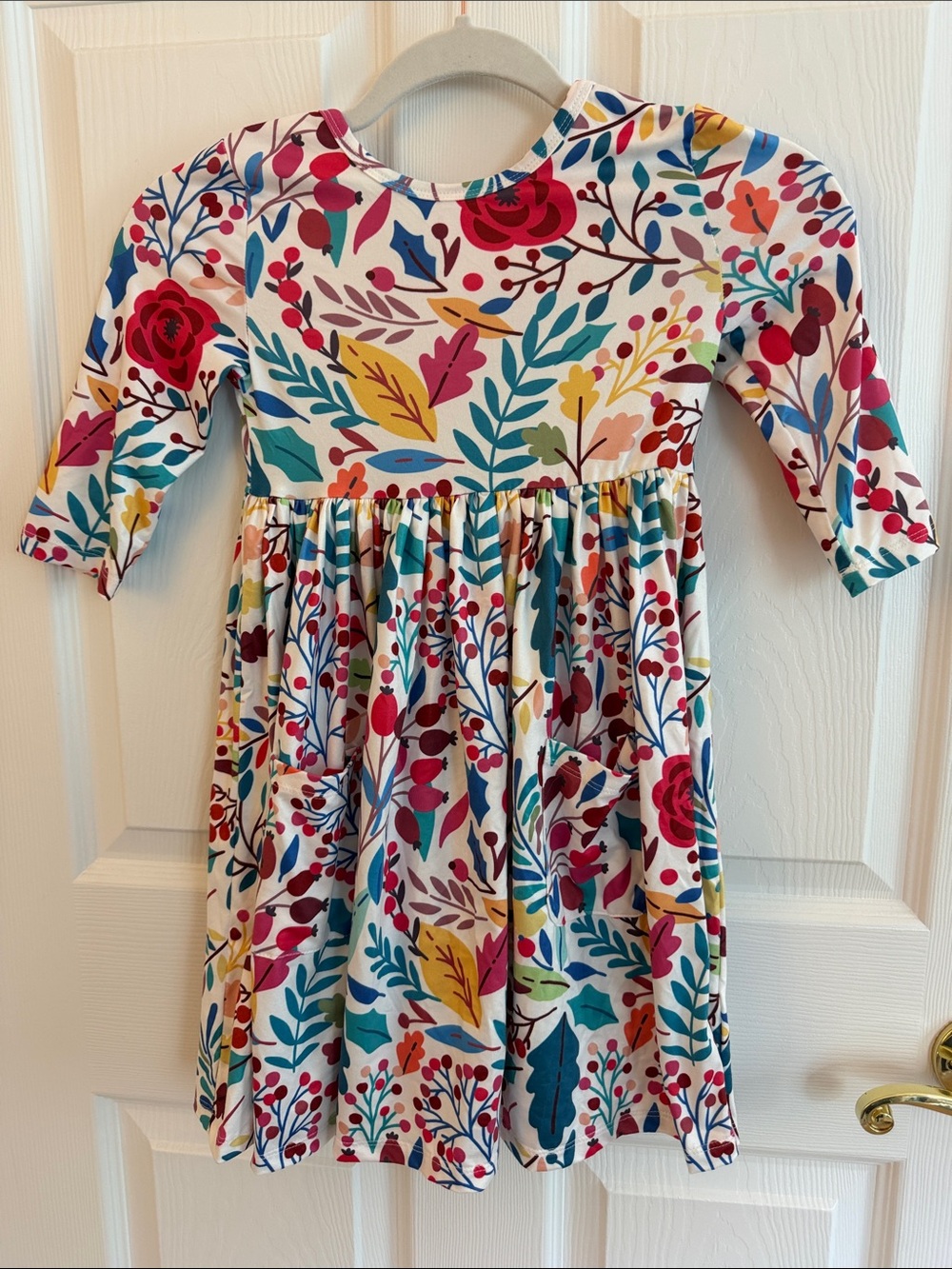 Girls Fall Themed Long-Sleeve Twirl Dress - White with Multicolor Floral